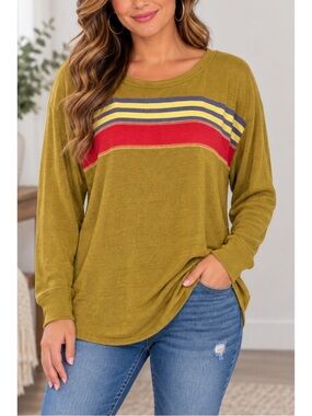 KORI America Mustard Yellow Striped Long Sleeve Top- Medium